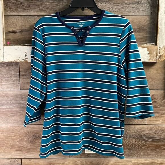 Allison Daley Ladies Pullover Striped Shirt, Size Large, Teal, Black and White - Picture 1 of 4
